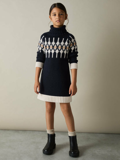 9-13 yrs Wool-Blend Fair Isle Roll-Neck Dress in Navy | Reiss Children & Baby Signature
