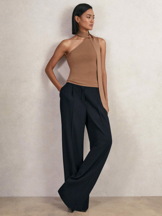 Petite Elasticated-Waist Wide-Leg Twill Trousers in Navy | Reiss Women Exclusive