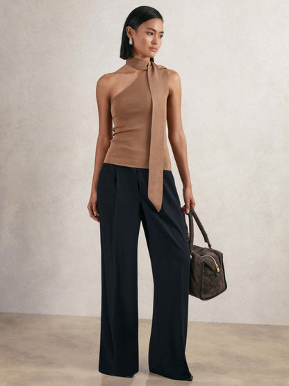 Petite Elasticated-Waist Wide-Leg Twill Trousers in Navy | Reiss Women Exclusive