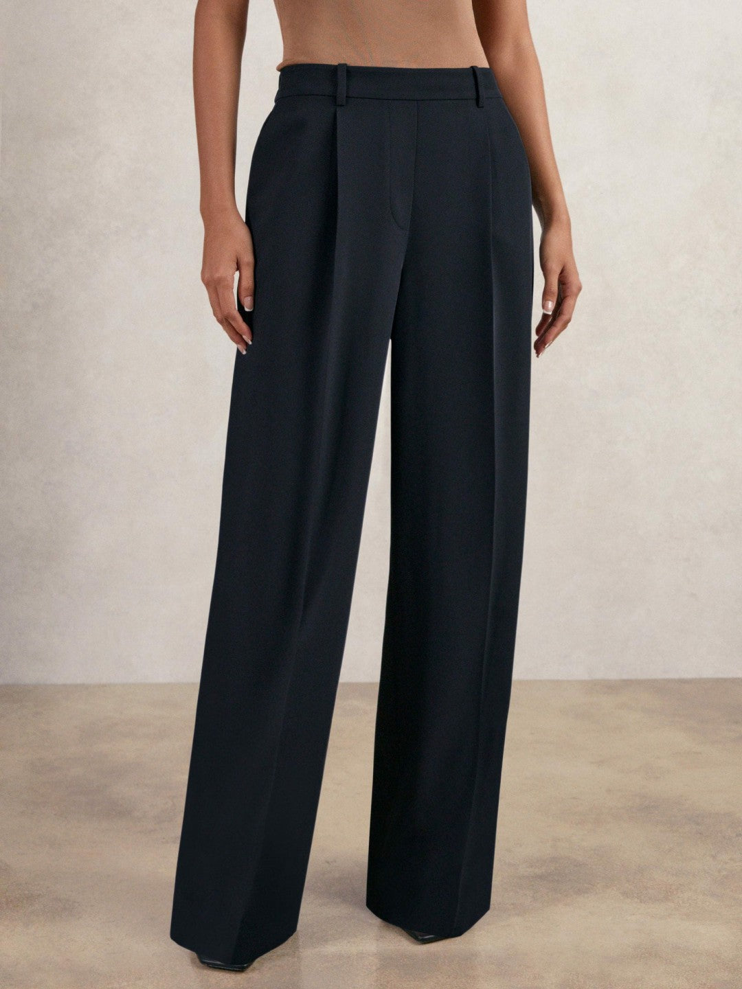 Elasticated-Waist Wide-Leg Twill Trousers in Navy | Reiss Women Premium