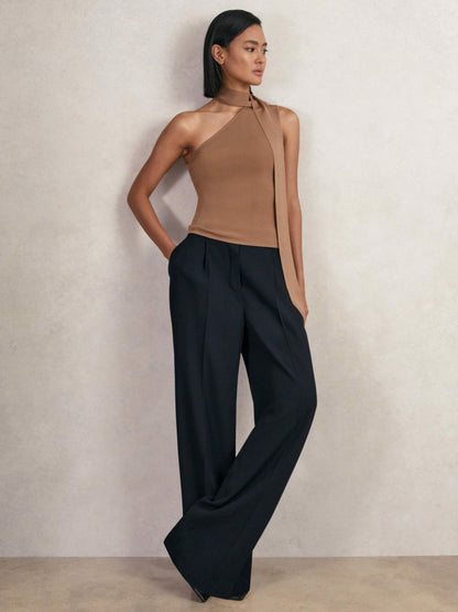 Elasticated-Waist Wide-Leg Twill Trousers in Navy | Reiss Women Premium