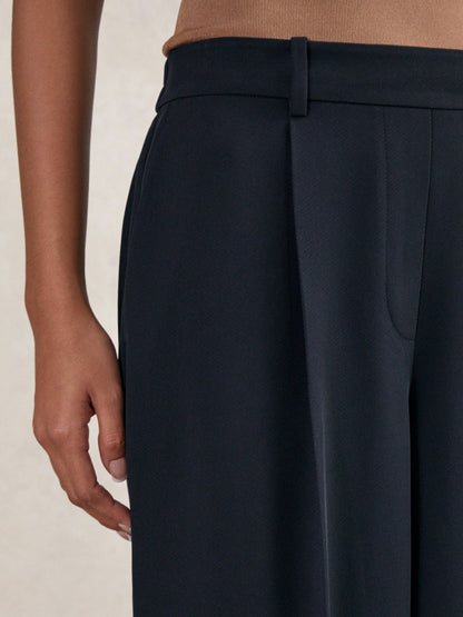Elasticated-Waist Wide-Leg Twill Trousers in Navy | Reiss Women Premium
