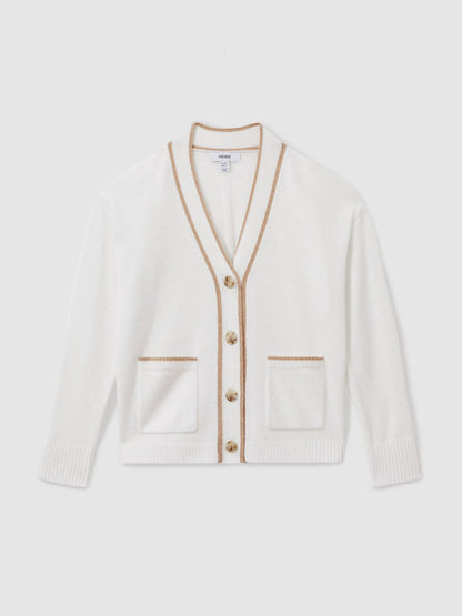 13-14 yrs Wool-Blend Tipped Cardigan in Cream | Reiss Children & Baby New