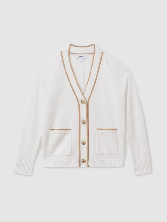 13-14 yrs Wool-Blend Tipped Cardigan in Cream | Reiss Children & Baby New
