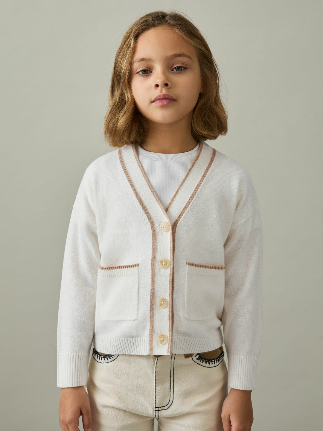 4-9 yrs Wool-Blend Stripe-Detail Cardigan With Cashmere in Cream | Reiss Children & Baby Premium
