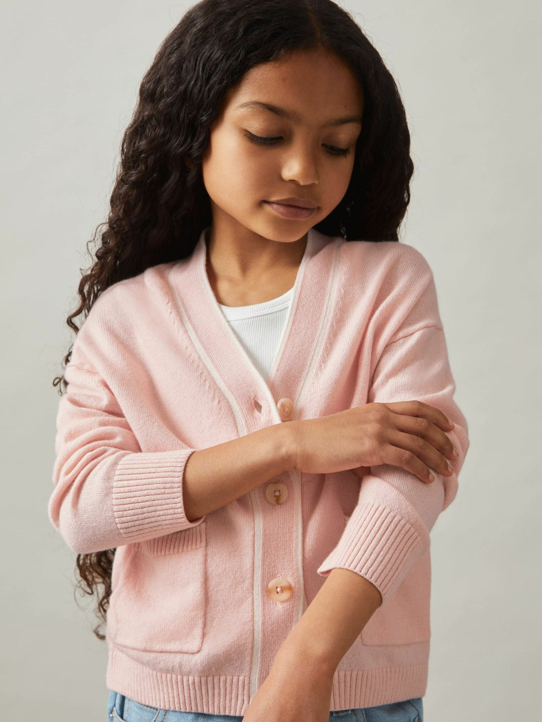 9-13 yrs Wool-Blend Tipped Cardigan in Pink | Reiss Children & Baby Recommended