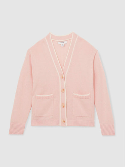 9-13 yrs Wool-Blend Tipped Cardigan in Pink | Reiss Children & Baby Recommended
