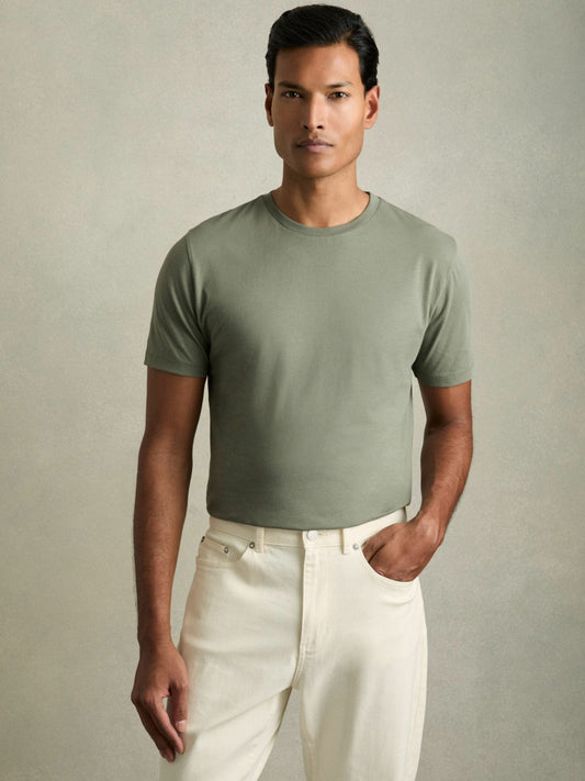 Cotton Crew Neck T-Shirt in Dark Sage | Reiss Men Exclusive
