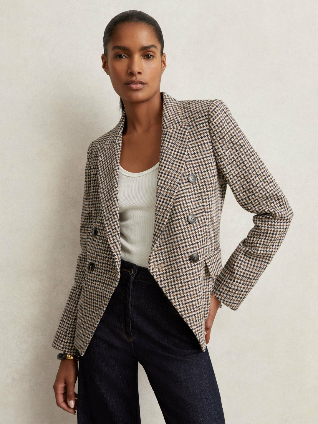 Cotton-Linen Double-Breasted Houndstooth-Check Blazer in Navy Neutral Check | Reiss Women Featured
