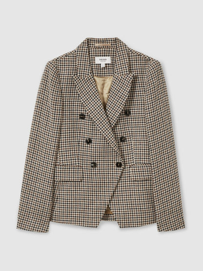 Cotton-Linen Double-Breasted Houndstooth-Check Blazer in Navy Neutral Check | Reiss Women Featured