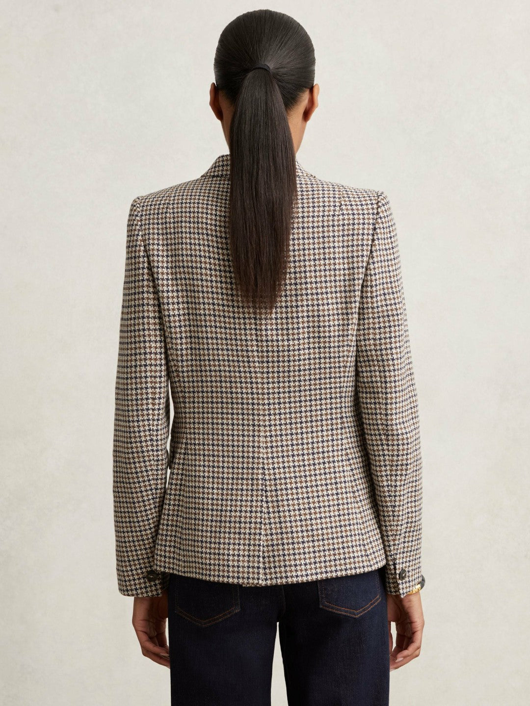 Cotton-Linen Double-Breasted Houndstooth-Check Blazer in Navy Neutral Check | Reiss Women Featured