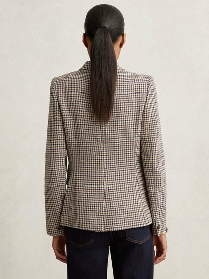 Cotton-Linen Double-Breasted Houndstooth-Check Blazer in Navy Neutral Check | Reiss Women Featured