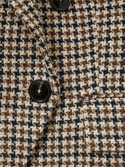 Cotton-Linen Double-Breasted Houndstooth-Check Blazer in Navy Neutral Check | Reiss Women Featured