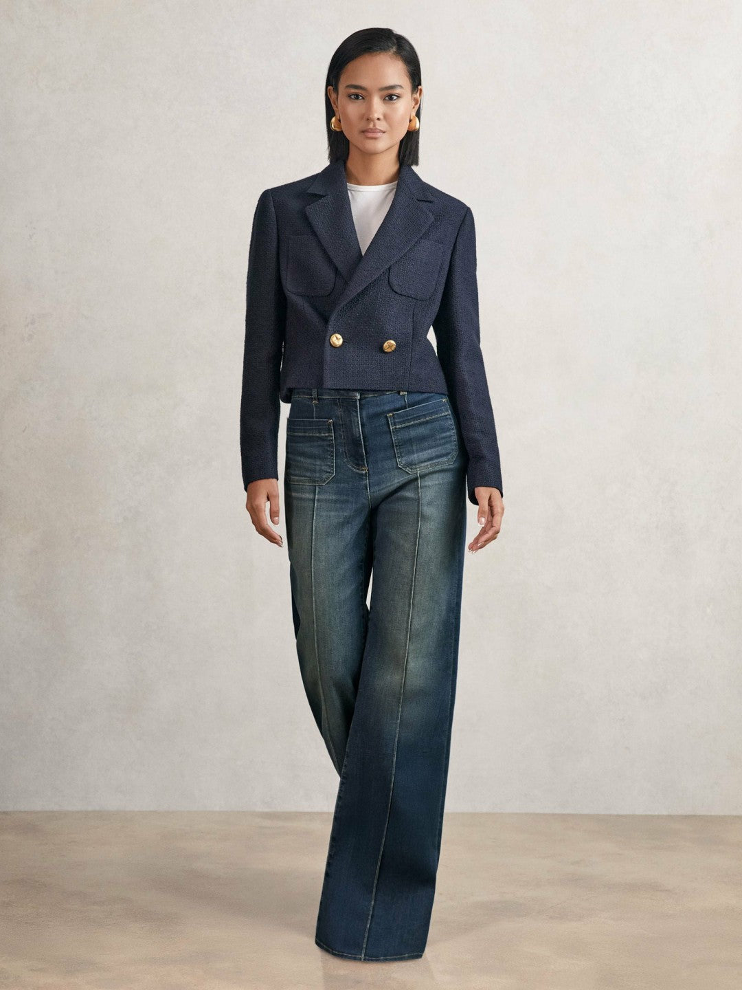 Petite Patch-Pocket Flared Jeans in Mid Blue | Reiss Women Exclusive