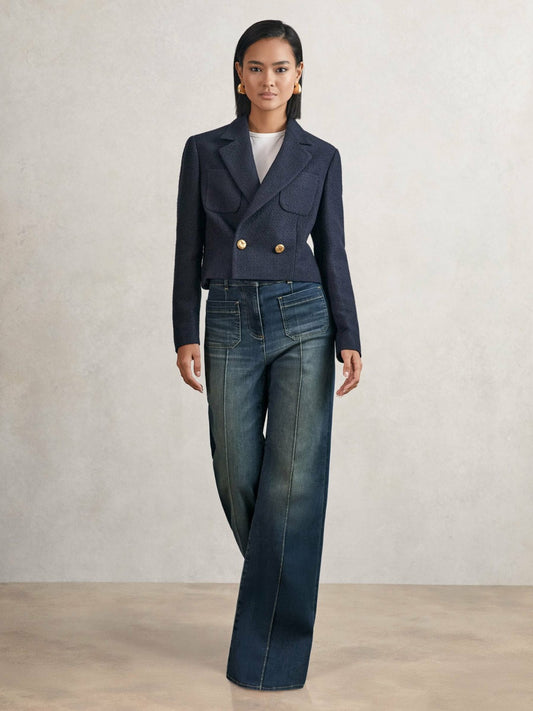 Petite Patch-Pocket Flared Jeans in Mid Blue | Reiss Women Exclusive