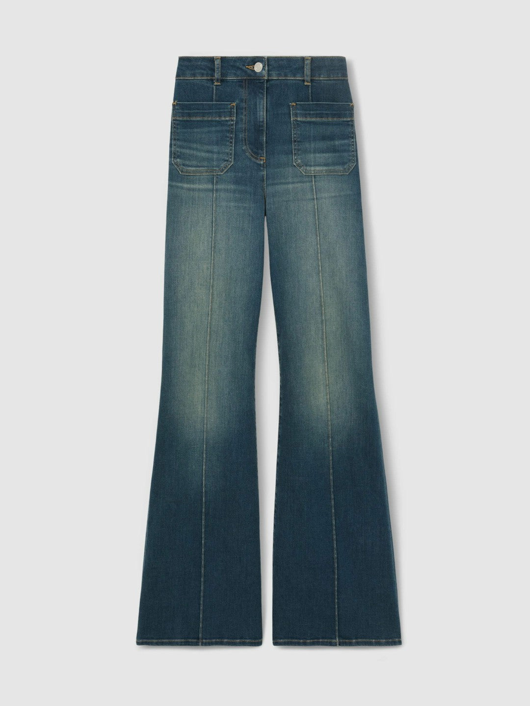 Petite Patch-Pocket Flared Jeans in Mid Blue | Reiss Women Exclusive