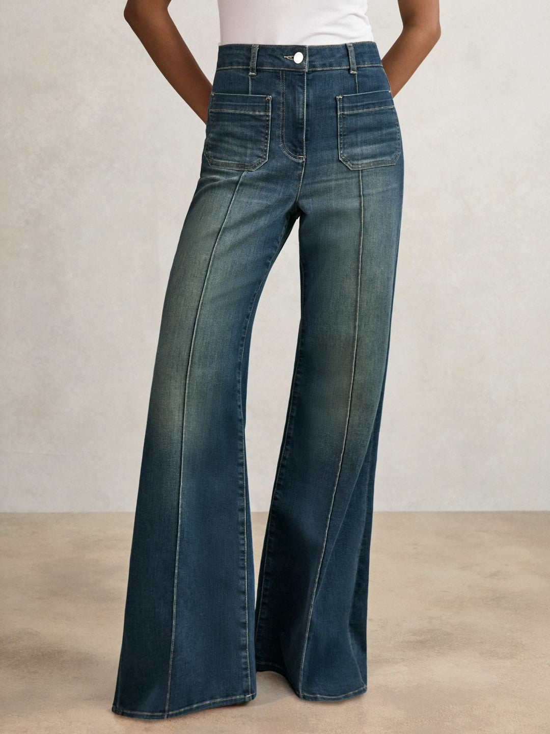 Petite Patch-Pocket Flared Jeans in Mid Blue | Reiss Women Exclusive