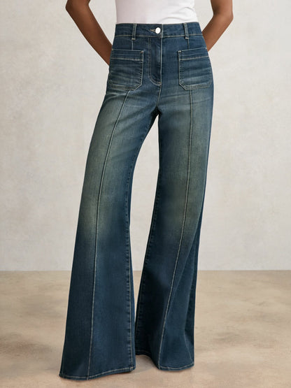 Petite Patch-Pocket Flared Jeans in Mid Blue | Reiss Women Exclusive