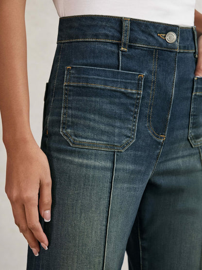 Petite Patch-Pocket Flared Jeans in Mid Blue | Reiss Women Exclusive