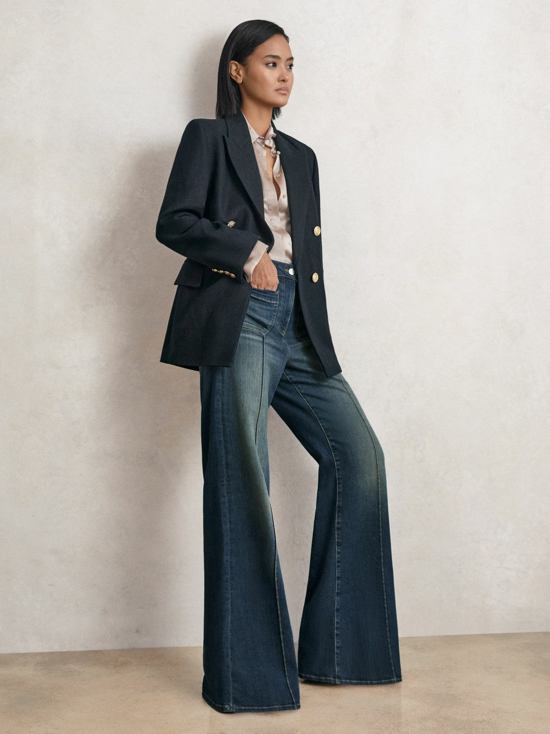 Petite Patch-Pocket Flared Jeans in Mid Blue | Reiss Women Exclusive