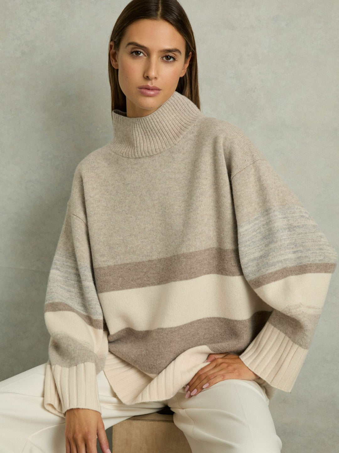 Wool Funnel-Neck Striped Jumper in Neutral | Reiss Women Popular