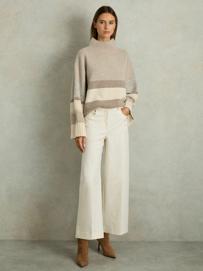 Wool Funnel-Neck Striped Jumper in Neutral | Reiss Women Popular