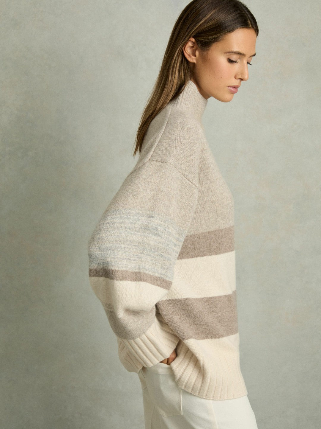 Wool Funnel-Neck Striped Jumper in Neutral | Reiss Women Popular
