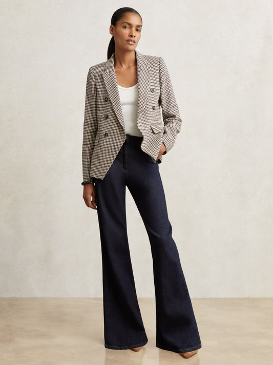 Petite Cotton-Linen Double-Breasted Houndstooth-Check Blazer in Navy Neutral Check | Reiss Women Recommended