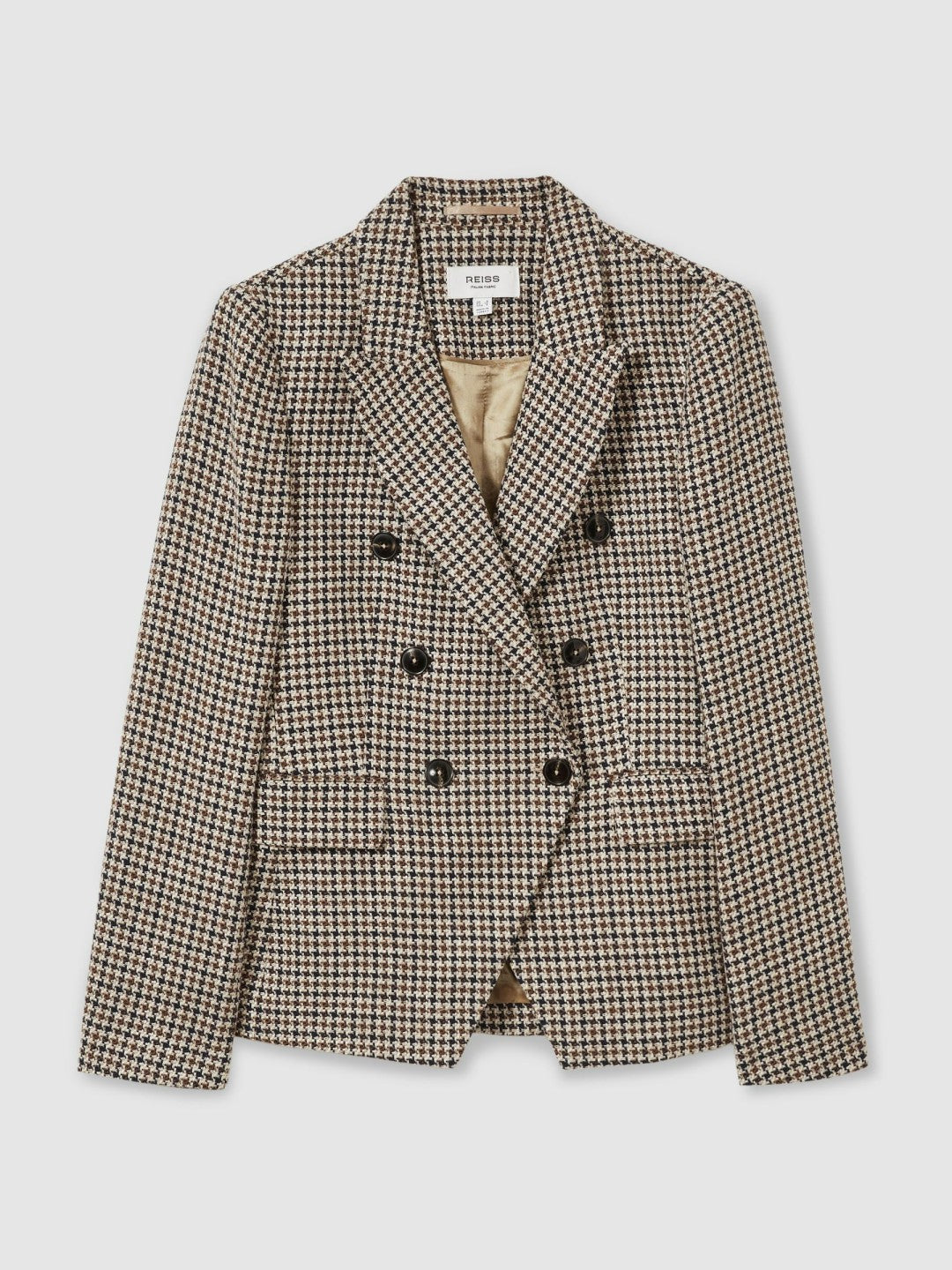 Petite Cotton-Linen Double-Breasted Houndstooth-Check Blazer in Navy Neutral Check | Reiss Women Recommended