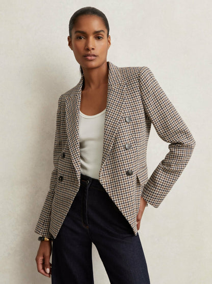 Petite Cotton-Linen Double-Breasted Houndstooth-Check Blazer in Navy Neutral Check | Reiss Women Recommended