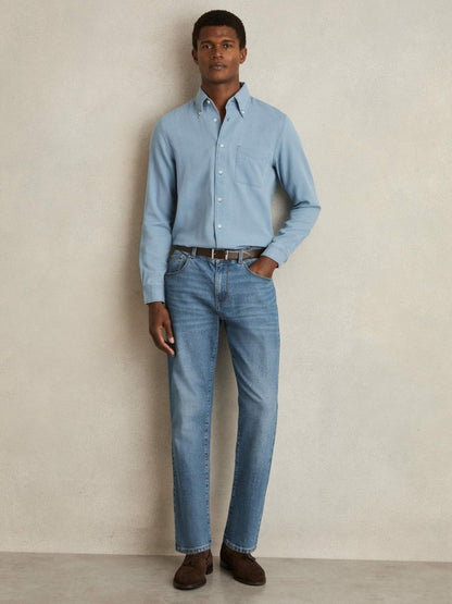 Cotton-Piqué Button-Down Chambray Shirt in Washed Blue | Reiss Men New