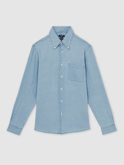 Cotton-Piqué Button-Down Chambray Shirt in Washed Blue | Reiss Men New