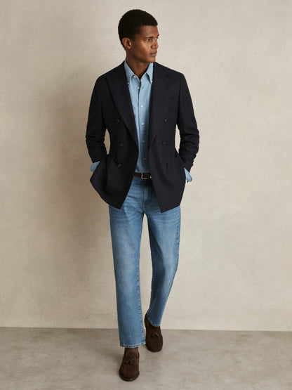 Cotton-Piqué Button-Down Chambray Shirt in Washed Blue | Reiss Men New
