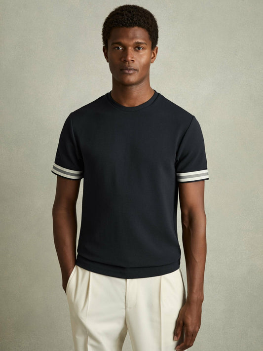Tape-Cuff Textured T-Shirt in Navy | Reiss Men Trending