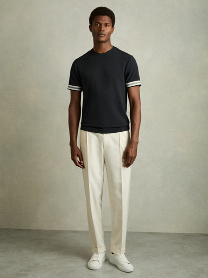 Tape-Cuff Textured T-Shirt in Navy | Reiss Men Trending