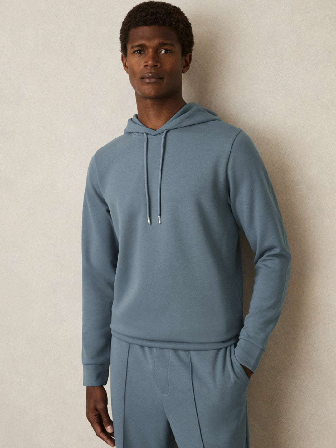 Interlock Jersey Drawstring Hoodie in Airforce Blue | Reiss Men Best Seller