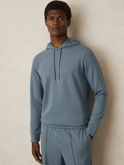 Interlock Jersey Drawstring Hoodie in Airforce Blue | Reiss Men Best Seller