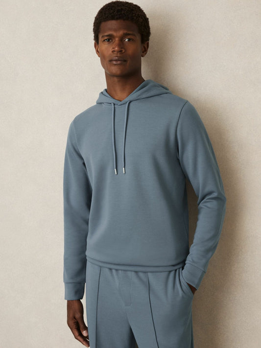 Interlock Jersey Drawstring Hoodie in Airforce Blue | Reiss Men Best Seller