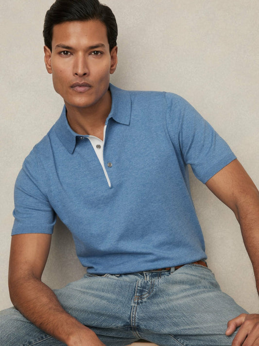 Contrast-Placket Polo Shirt With Cotton in Blue | Reiss Men Popular