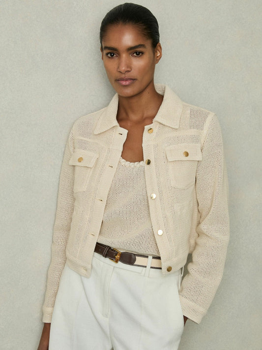 Cotton-Blend Textured Trucker Jacket in Neutral | Reiss Women Best Seller