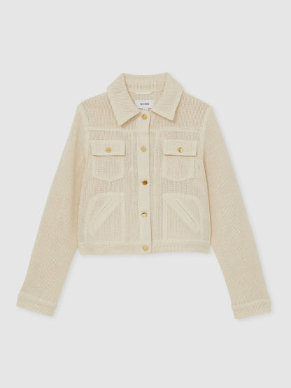 Cotton-Blend Textured Trucker Jacket in Neutral | Reiss Women Best Seller