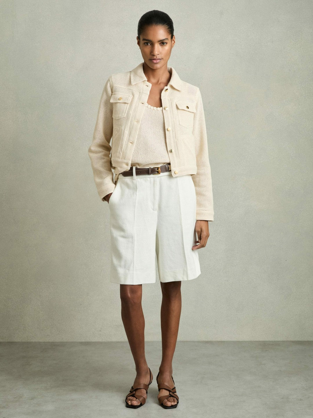 Cotton-Blend Textured Trucker Jacket in Neutral | Reiss Women Best Seller