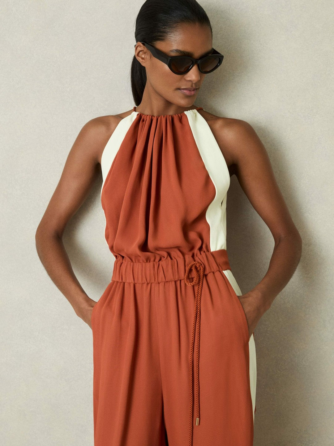 Colour-Block Rope-Cord Jumpsuit in Orange | Reiss Women Premium