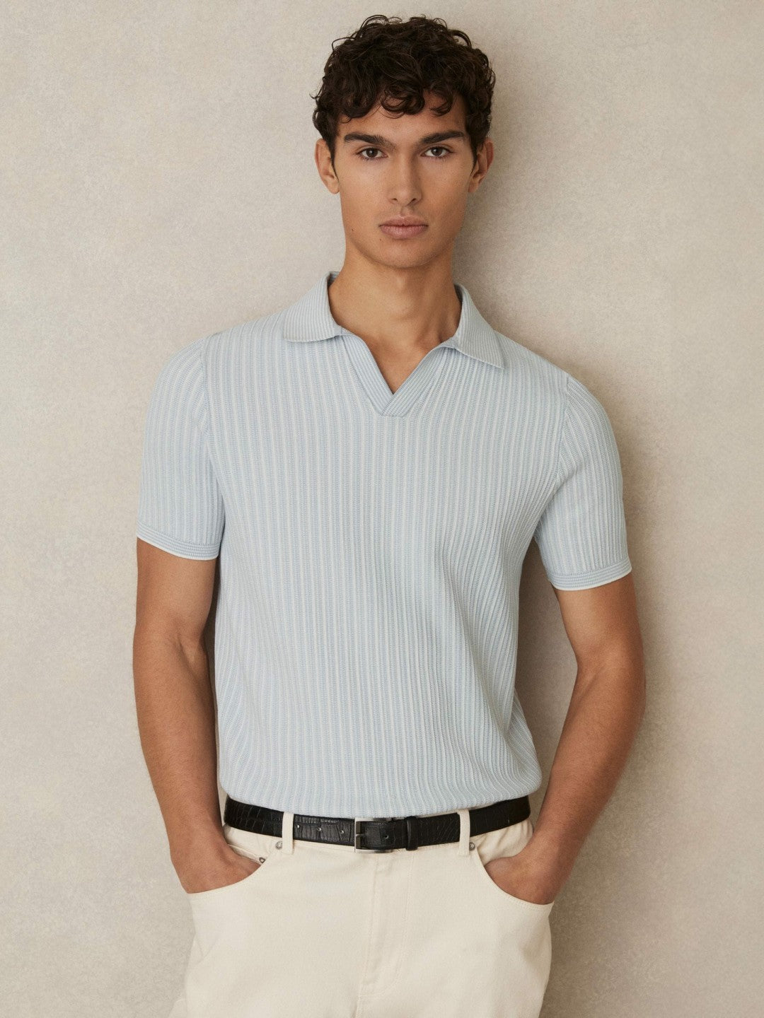 Open-Collar Textured Polo Shirt in Soft Blue/White | Reiss Men Signature