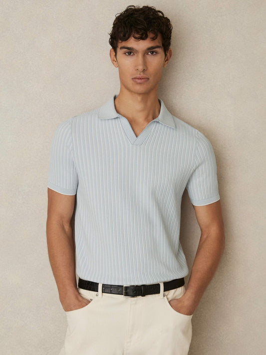 Open-Collar Textured Polo Shirt in Soft Blue/White | Reiss Men Signature