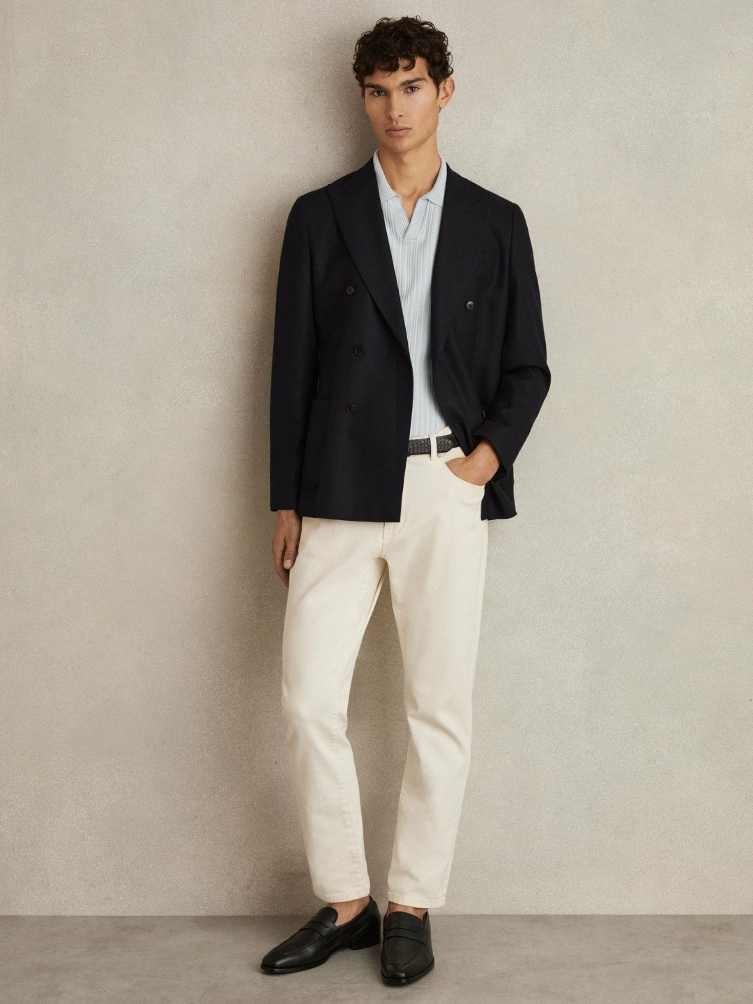Open-Collar Textured Polo Shirt in Soft Blue/White | Reiss Men Signature