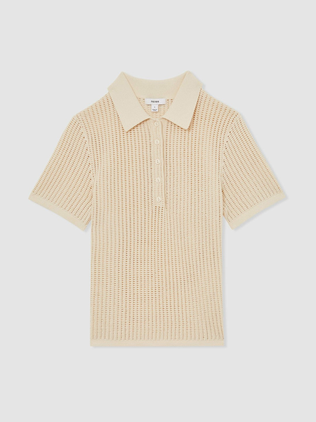 Cotton-Blend Open-Knit Polo Shirt in Ivory | Reiss Women Featured