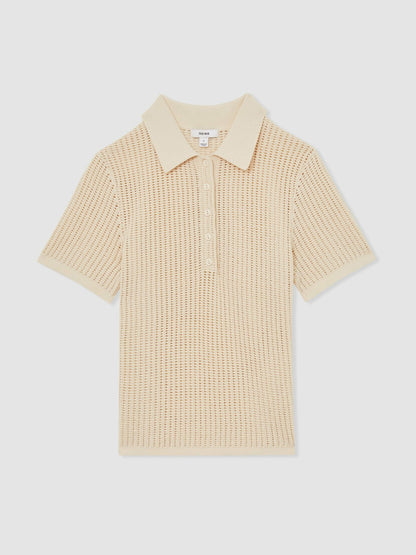 Cotton-Blend Open-Knit Polo Shirt in Ivory | Reiss Women Featured