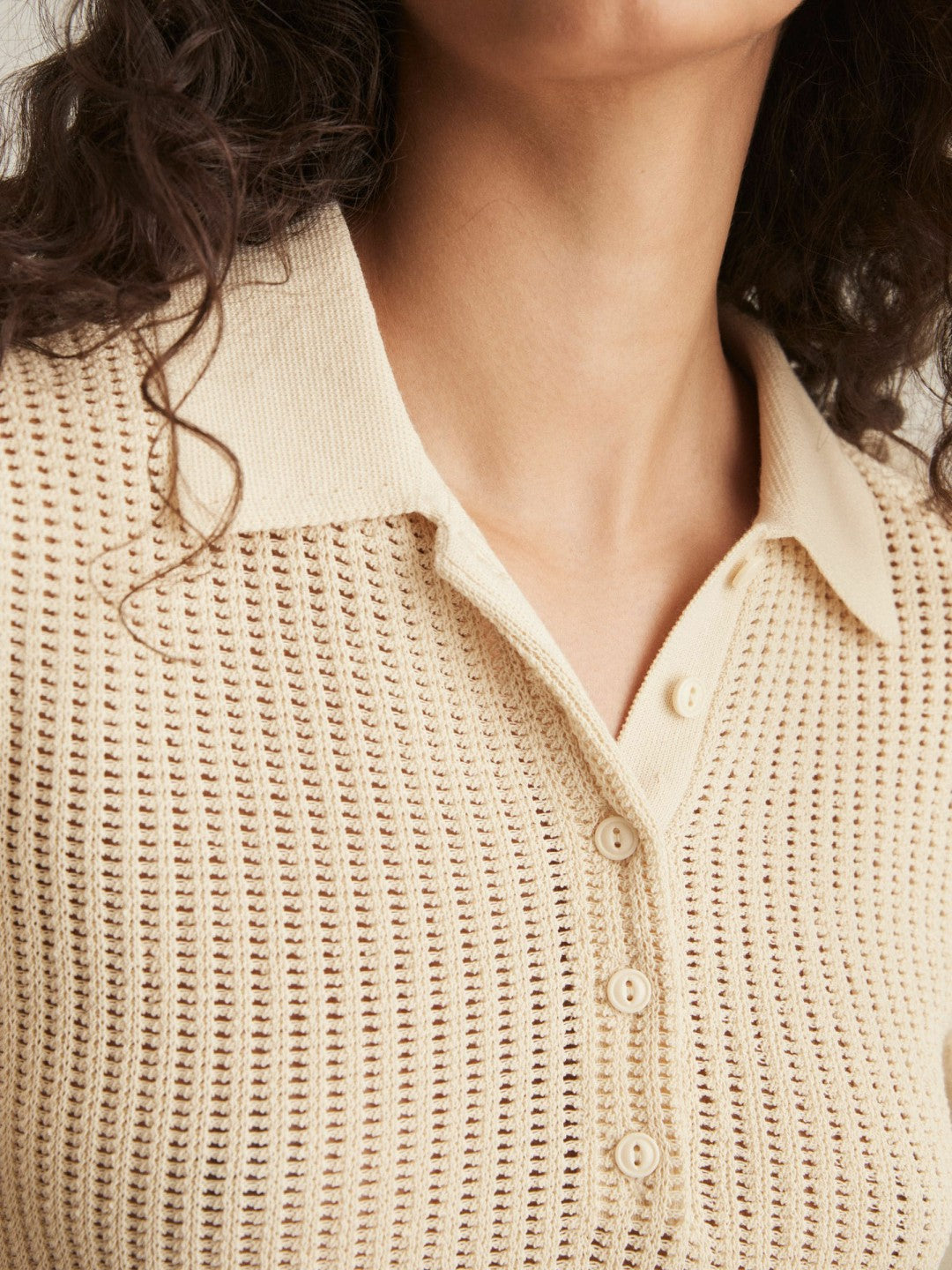 Cotton-Blend Open-Knit Polo Shirt in Ivory | Reiss Women Featured