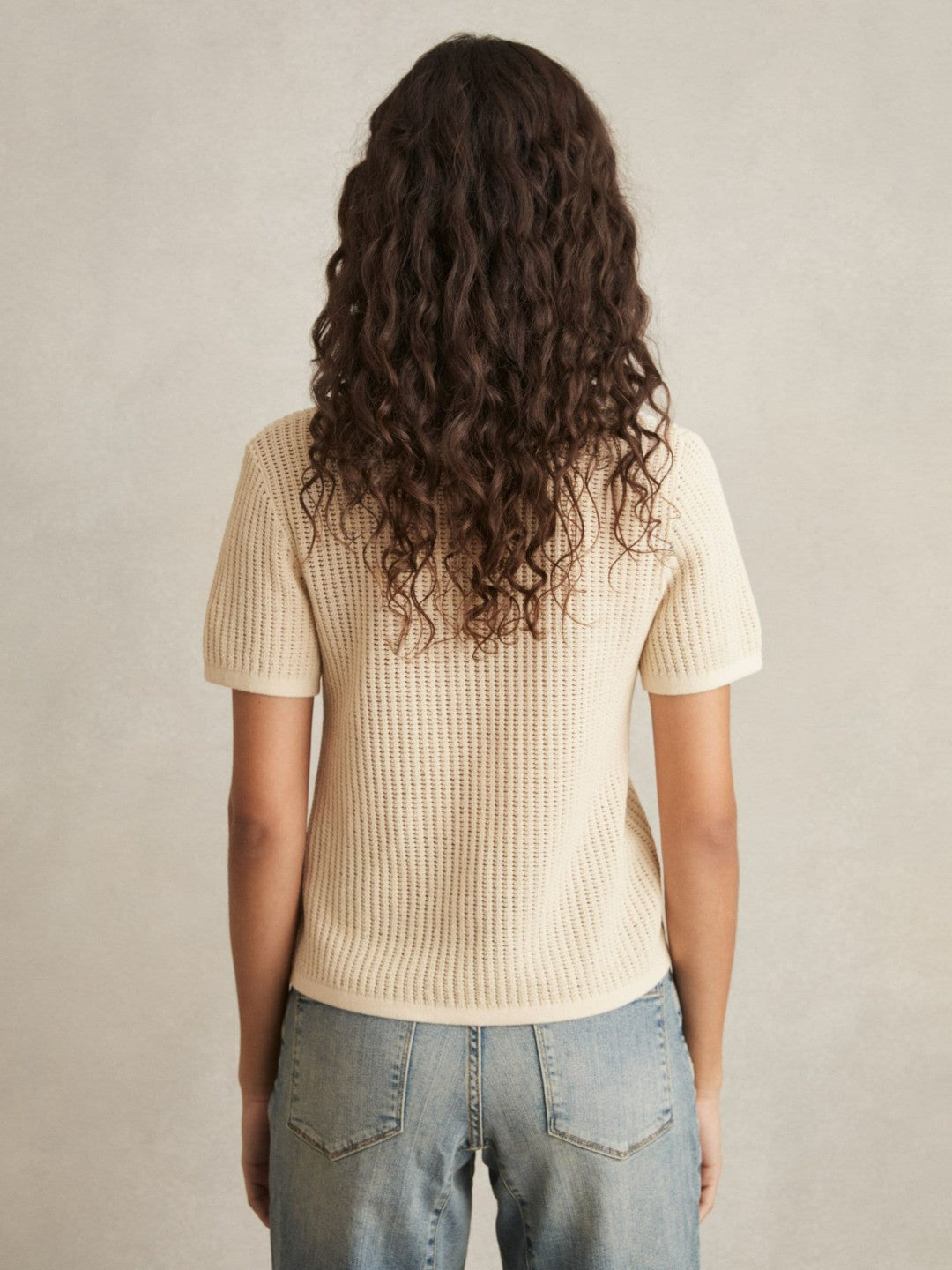 Cotton-Blend Open-Knit Polo Shirt in Ivory | Reiss Women Featured